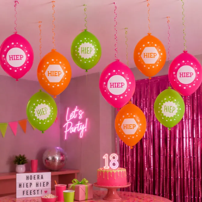 Ballonnen Hiep hiep hiep neon/wit 30 cm - 9 stuks