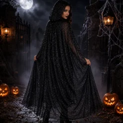 Cape Halloween capuchon pailletten zwart