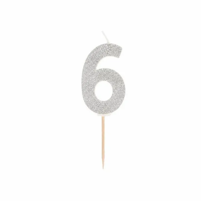 Cijferkaarsje 6 zilver glitter – 1 stuk