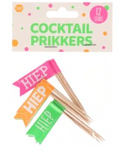 Cocktailprikkers Hiep hiep hoera roze/oranje/groen 12 stuks