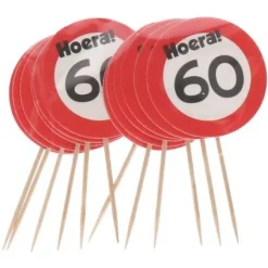 Cocktailprikkers 60 jaar rood/wit 12 stuks