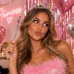 Diadeem en toverstaf prinsessen zilver/roze