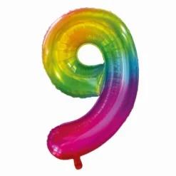 Folieballon cijfer 9 regenboog - 80 cm