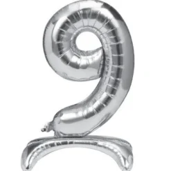 Folieballon staand 9 zilver - 68 cm