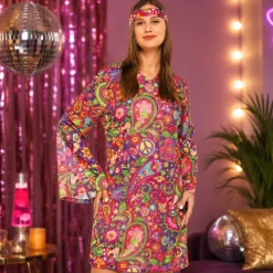 Kostuum jurk en hoofdband hippie meerkleurig maat S/M