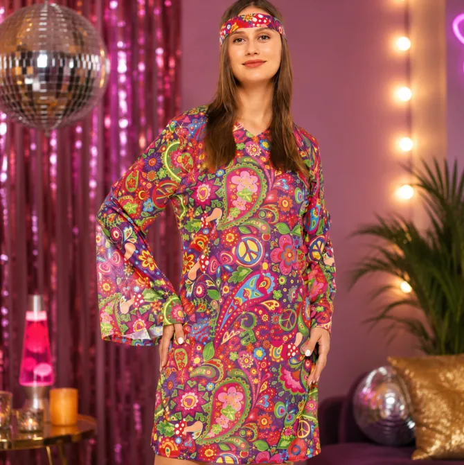 Kostuum jurk en hoofdband hippie meerkleurig maat S/M