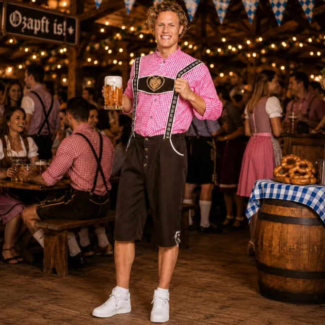 Kostuum Lederhosen maat 58/60 Schmidt bruin/roze heren