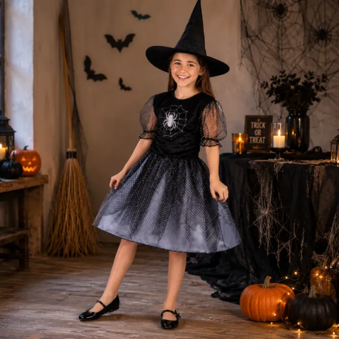 Kostuum Spider witch zwart meisje 7-9 jaar