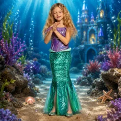 Kostuum zeemeermin prinses groen/lila meisje 4-6 jaar