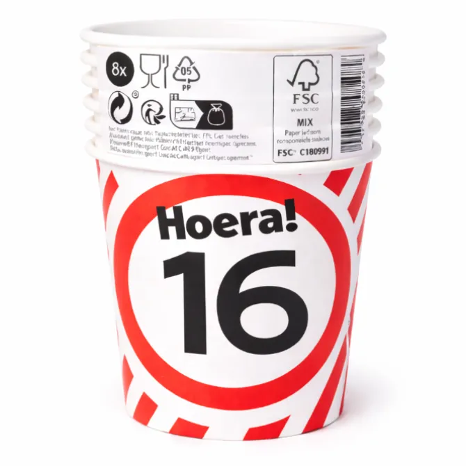 Papieren bekers 16 jaar verkeersbord 250ml 8St
