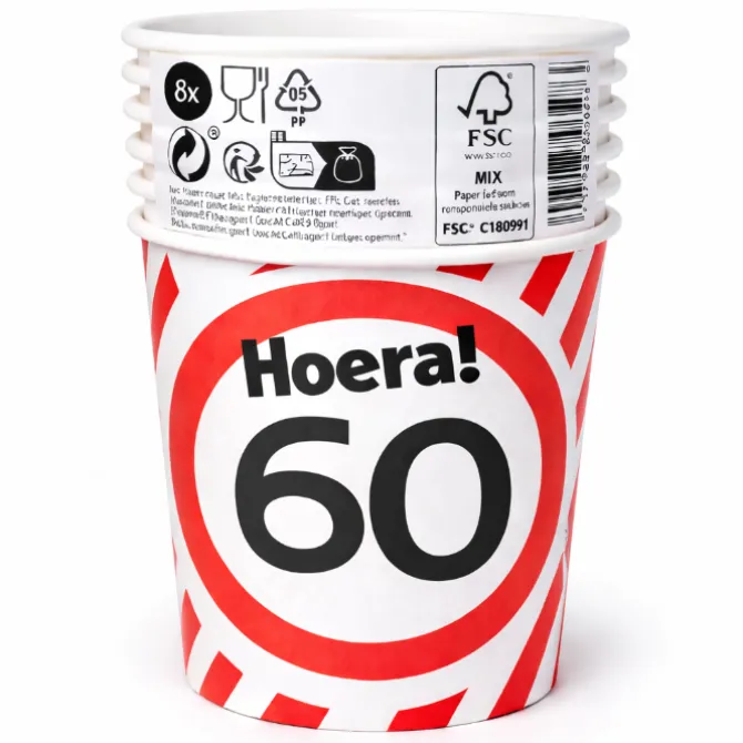 Papieren bekers 60 jaar verkeersbord 250ml 8St