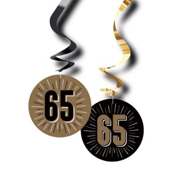 Swirls hangdecoratie 65 jaar zwart/goud 6 stuks