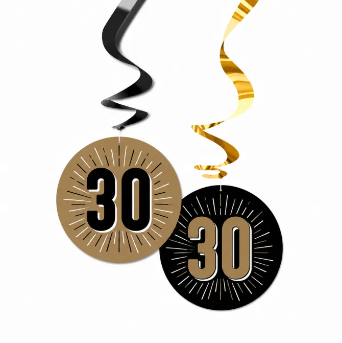 Swirls hangdecoratie 30 jaar zwart/goud 6 stuks