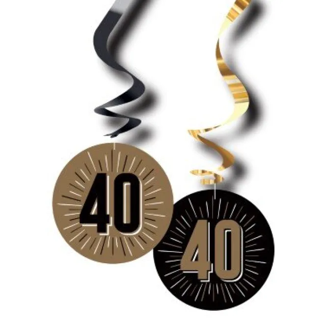 Swirls hangdecoratie 40 jaar zwart/goud 6 stuks