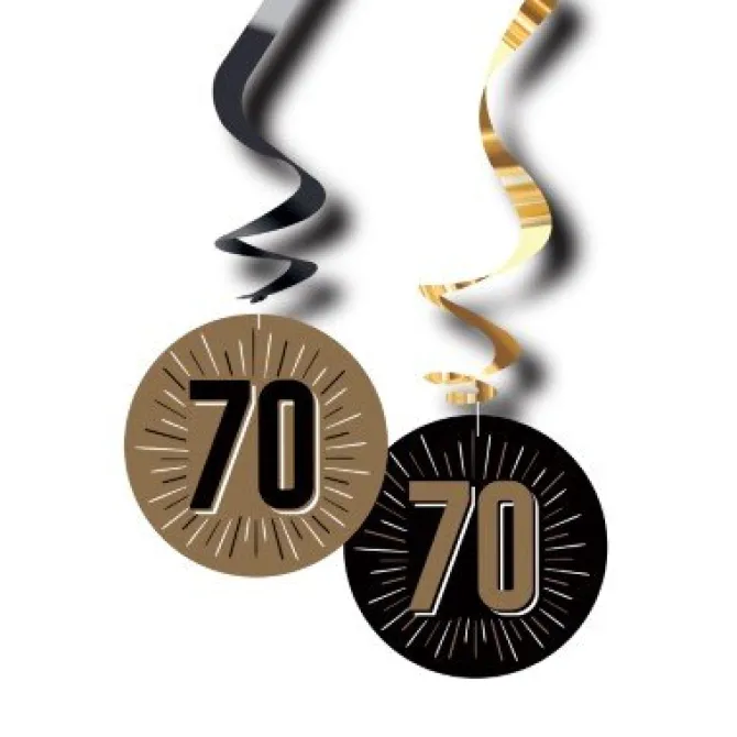 Swirls hangdecoratie 70 jaar zwart/goud 6 stuks