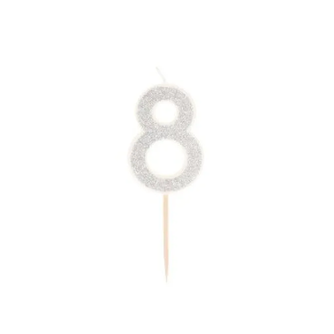 Taartkaarsje cijfer 8 glitter zilver