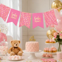 Vlaggenlijn baby shower roze - 4m