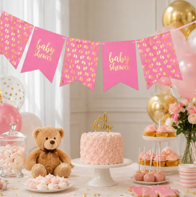 Vlaggenlijn baby shower roze - 4m