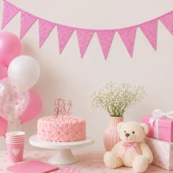Vlaggenlijn glitter fel roze groot - 6m (10 vlaggen)