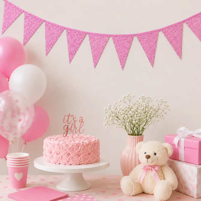 Vlaggenlijn glitter fel roze groot - 6m (10 vlaggen)
