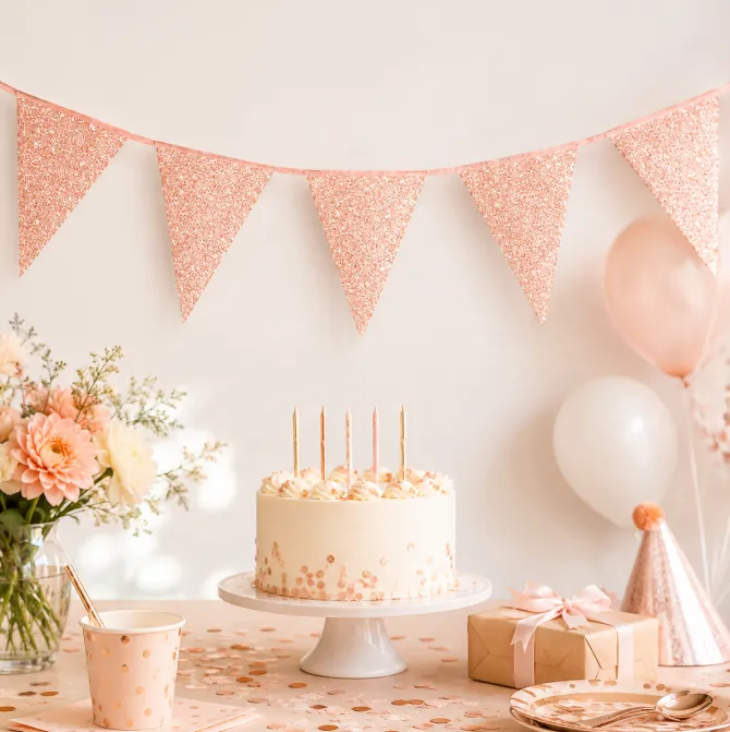 Vlaggenlijn glitter roségoud groot - 6m (10 vlaggen)