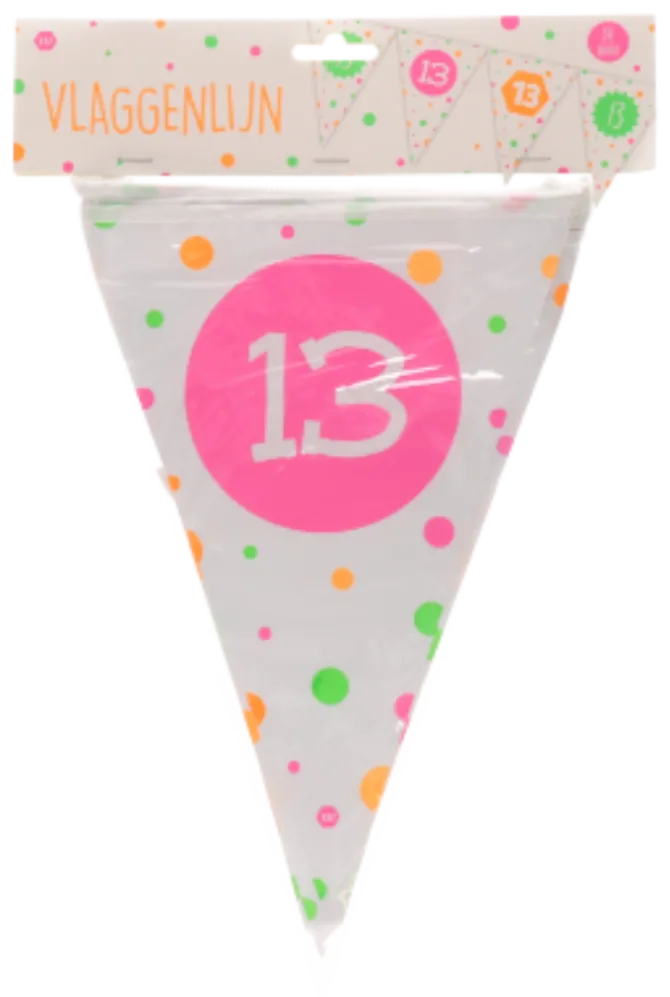 Vlaggenlijn neon 13 jaar - 4m (15 vlaggen)