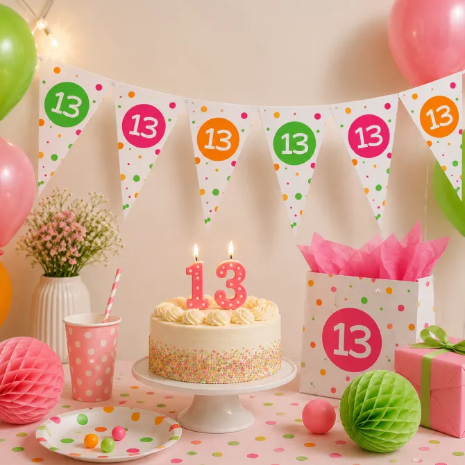 Vlaggenlijn neon 13 jaar - 4m (15 vlaggen)
