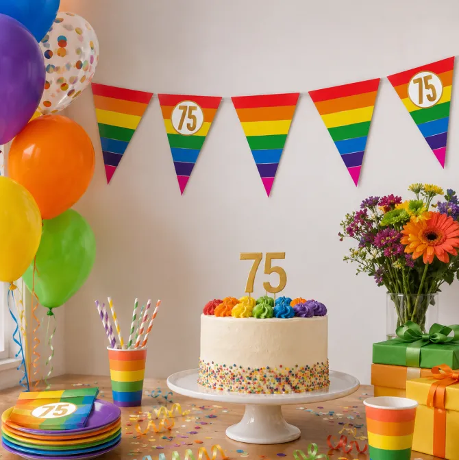 Vlaggenlijn Regenboog goud 75 jaar - 5m (15 vlaggen)