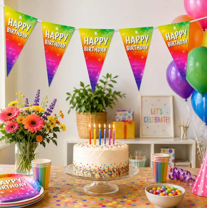 Vlaggenlijn regenboog Happy birthday - 6m (15 vlaggen)