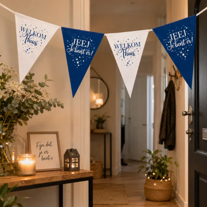 Vlaggenlijn 'Welkom thuis' blauw/wit - 4m