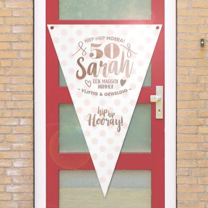 Vlag Sarah 50 jaar wit/roze 100x150cm